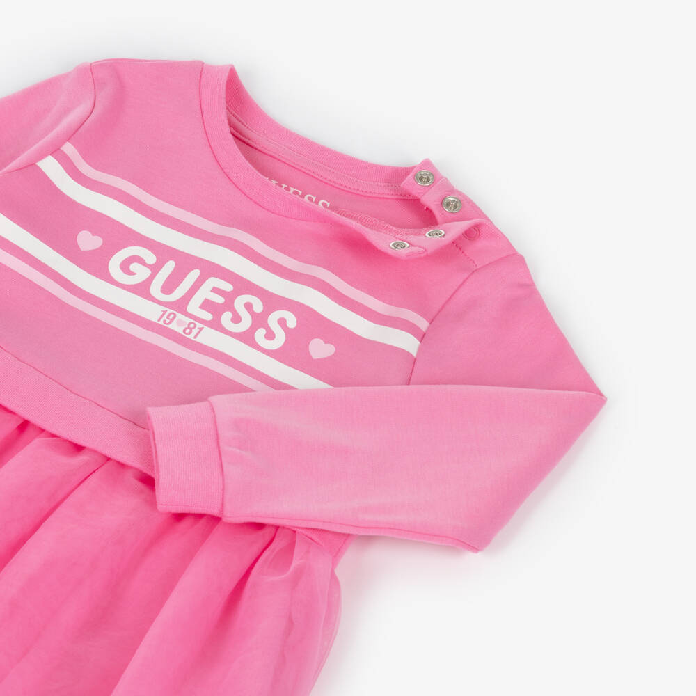 Guess-Baby Girls Pink Cotton & Tulle Glittery Logo Dress | Childrensalon