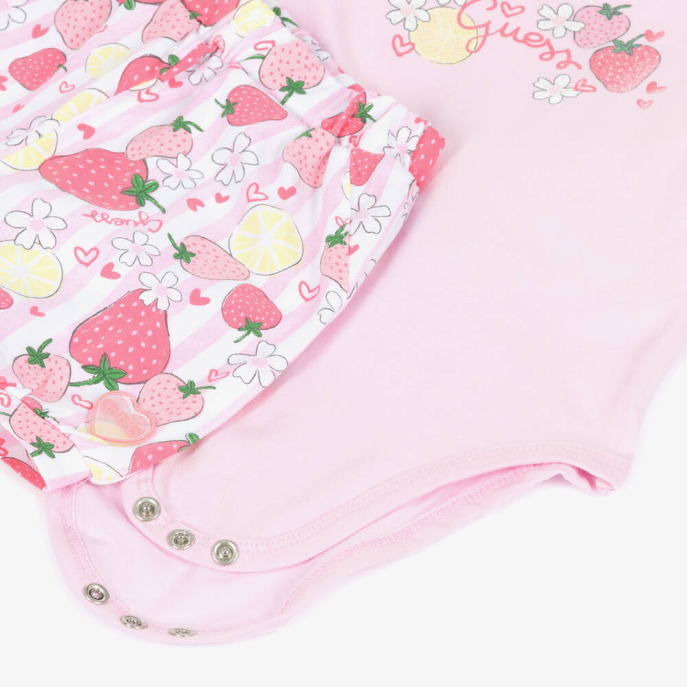 Guess-Baby Girls Pink Strawberry Print Cotton Shorts Set | Childrensalon