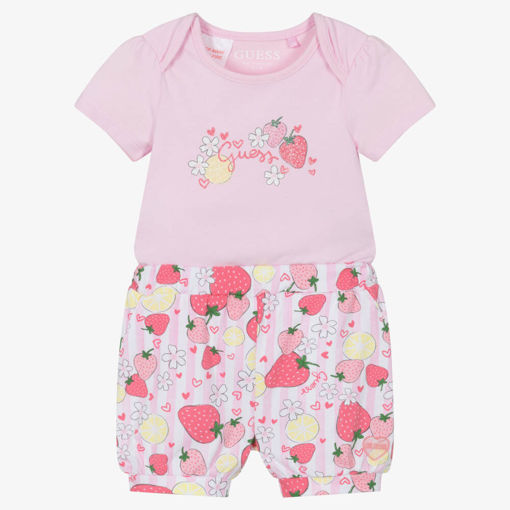Guess-Baby Girls Pink Strawberry Print Cotton Shorts Set | Childrensalon
