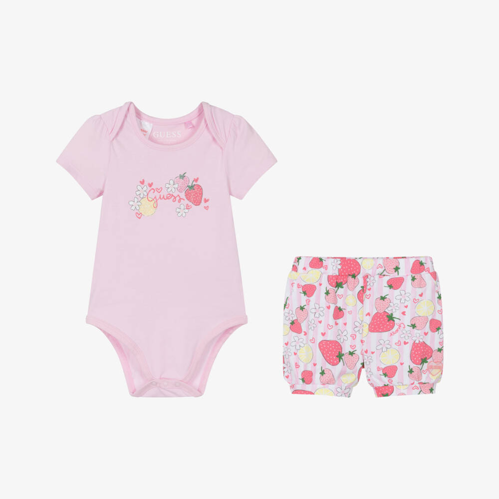 Guess-Baby Girls Pink Strawberry Print Cotton Shorts Set | Childrensalon