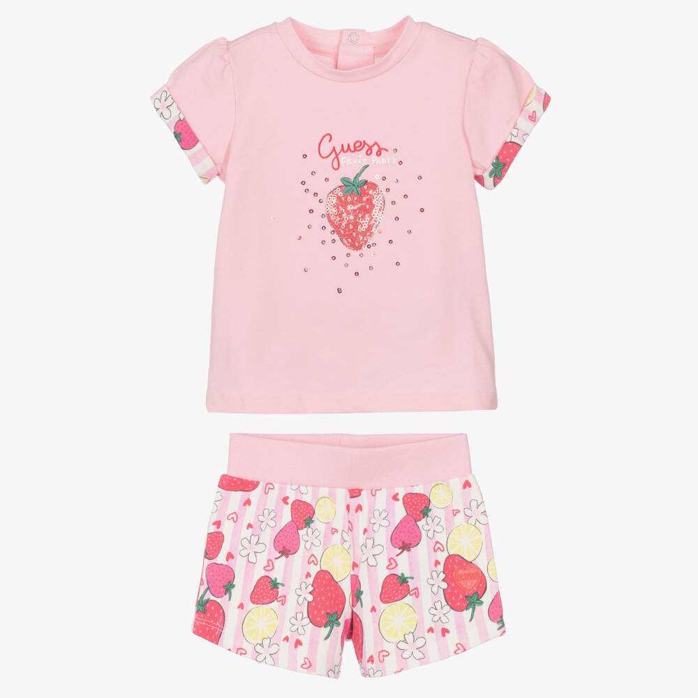 Guess-Baby Girls Pink Strawberry Print Shorts Set | Childrensalon