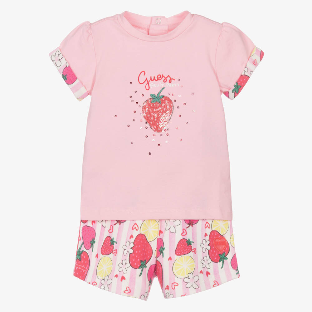 Guess-Baby Girls Pink Strawberry Print Shorts Set | Childrensalon