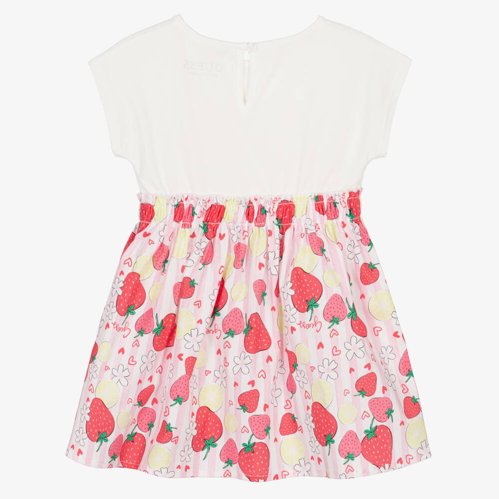 Guess-Baby Girls Pink Stripe Cotton Logo Dress with Strawberries | Childrensalon