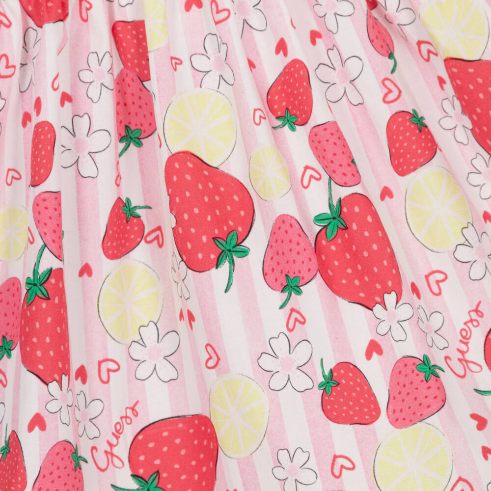 Guess-Baby Girls Pink Stripe Cotton Logo Dress with Strawberries | Childrensalon