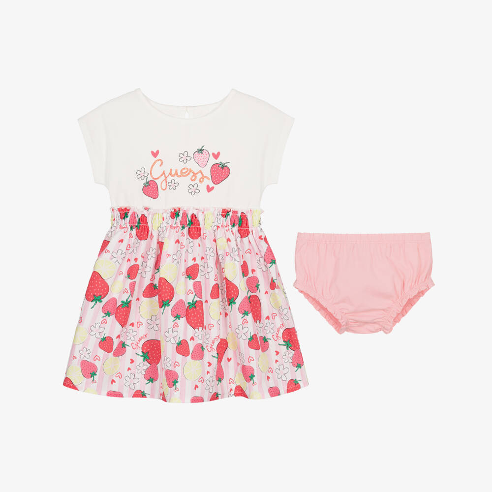 Guess-Baby Girls Pink Stripe Cotton Logo Dress with Strawberries | Childrensalon