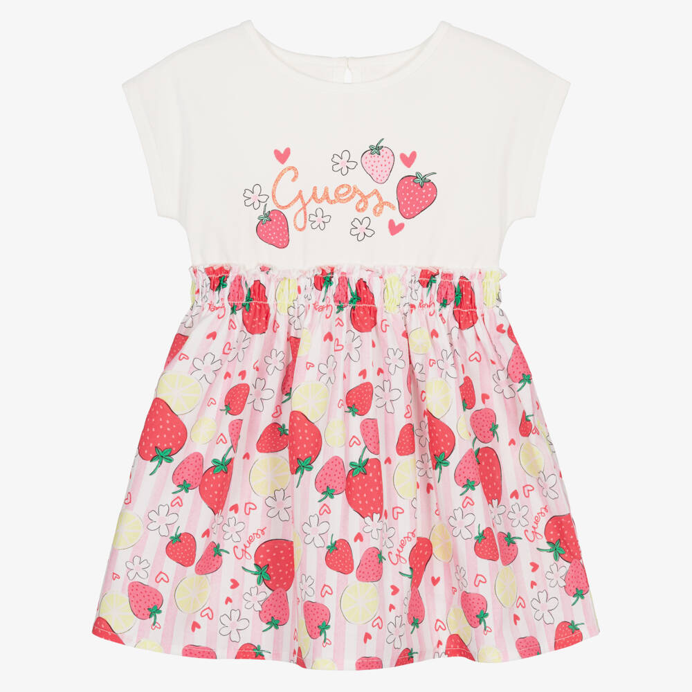 Guess-Baby Girls Pink Stripe Cotton Logo Dress with Strawberries | Childrensalon