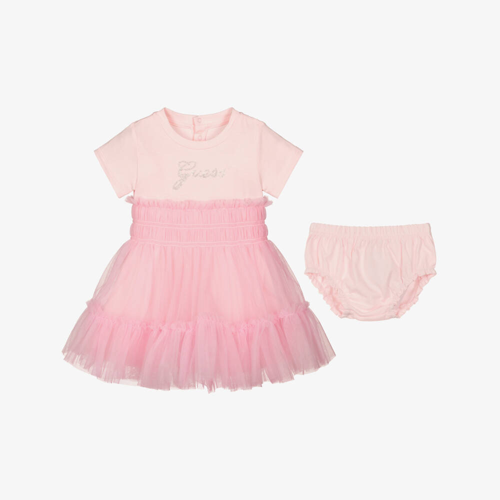 Guess-Baby Girls Pink Tulle & Jersey Dress with Glittery Logo | Childrensalon