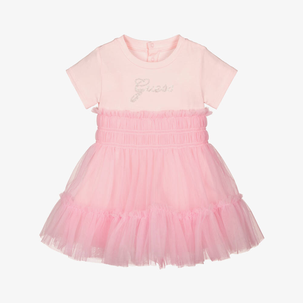 Guess-Baby Girls Pink Tulle & Jersey Dress with Glittery Logo | Childrensalon