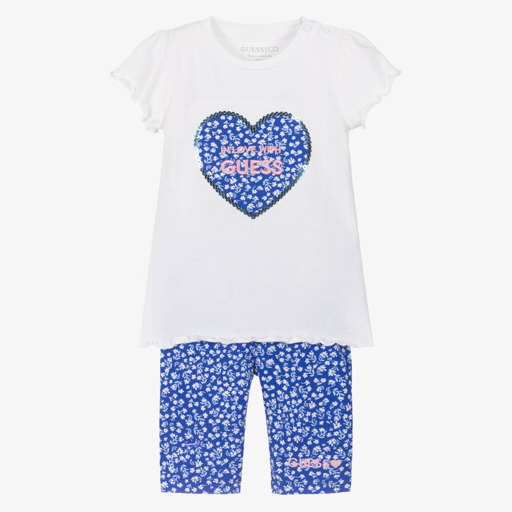 Guess-Baby Girls White & Blue Floral Heart Leggings Set | Childrensalon