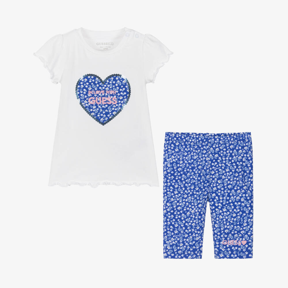 Guess-Baby Girls White & Blue Floral Heart Leggings Set | Childrensalon