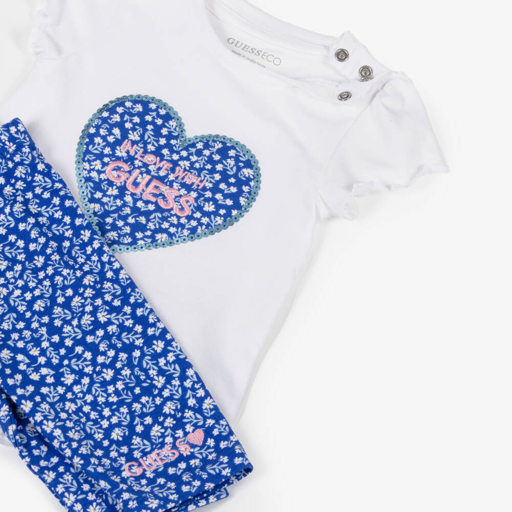 Guess-Baby Girls White & Blue Floral Heart Leggings Set | Childrensalon