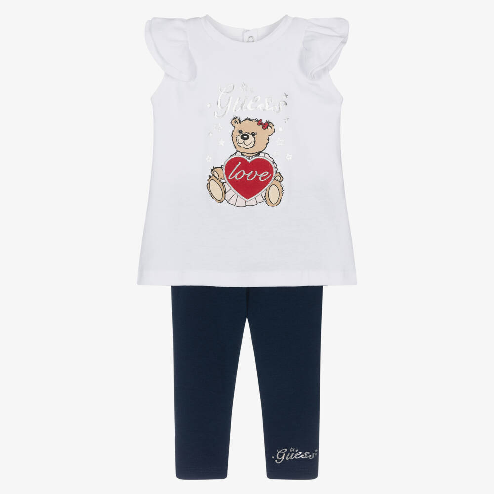 Guess-Baby Girls White & Blue Legging Set with Teddy Logo | Childrensalon