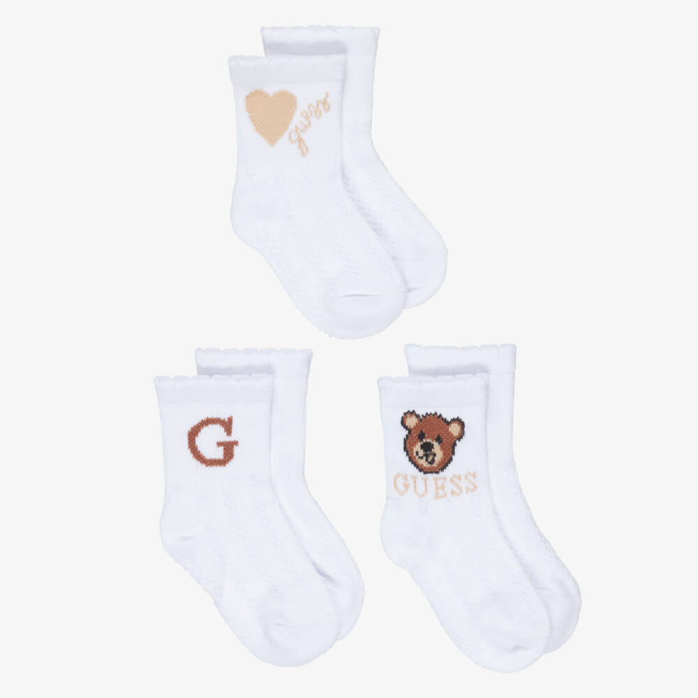Guess-Baby Girls White Cotton Knit Socks (3 Pack) | Childrensalon