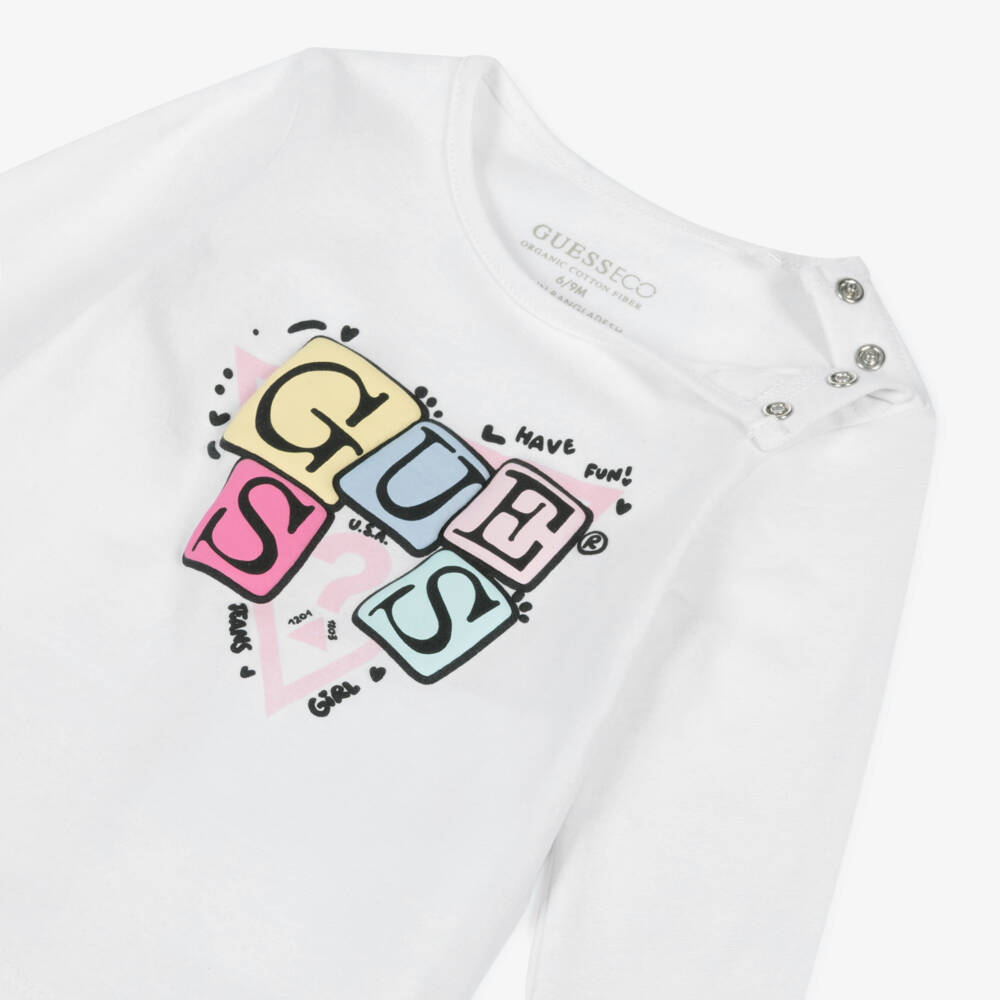 Guess-Baby Girls White Cotton Logo Block Top | Childrensalon