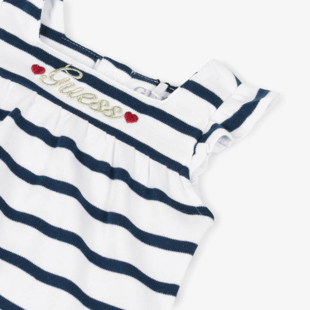 Guess-Baby Girls White Cotton Shortie with Navy Blue Stripes | Childrensalon
