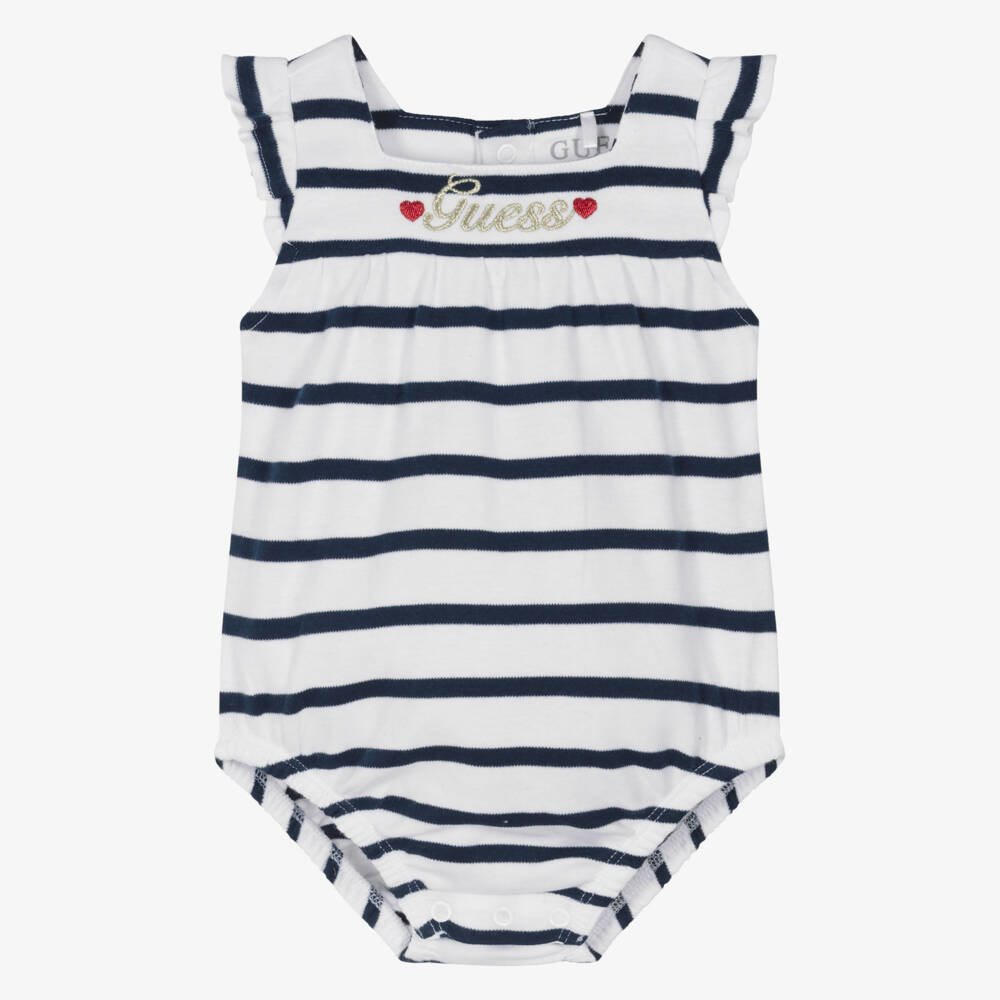 Guess-Baby Girls White Cotton Shortie with Navy Blue Stripes | Childrensalon
