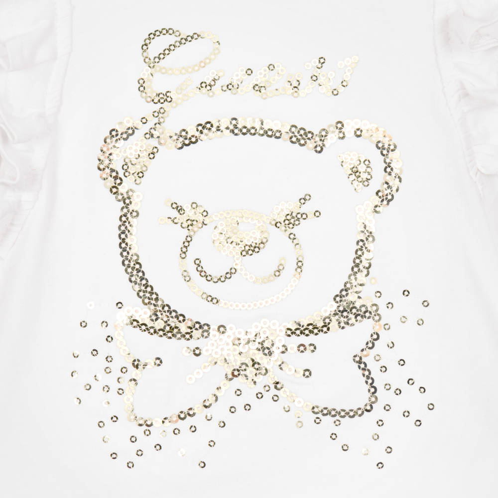 Guess-Baby Girls White Cotton Top with Sequin Teddy Bear | Childrensalon