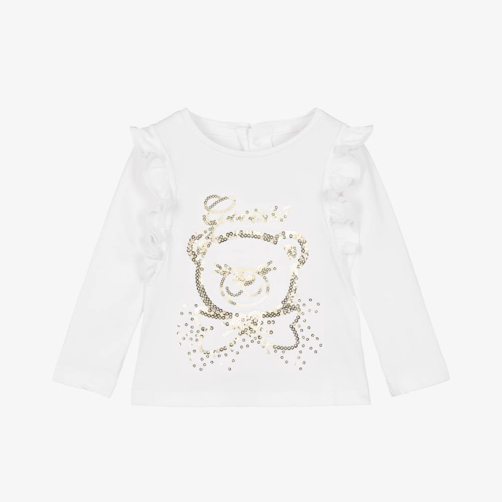 Guess-Baby Girls White Cotton Top with Sequin Teddy Bear | Childrensalon