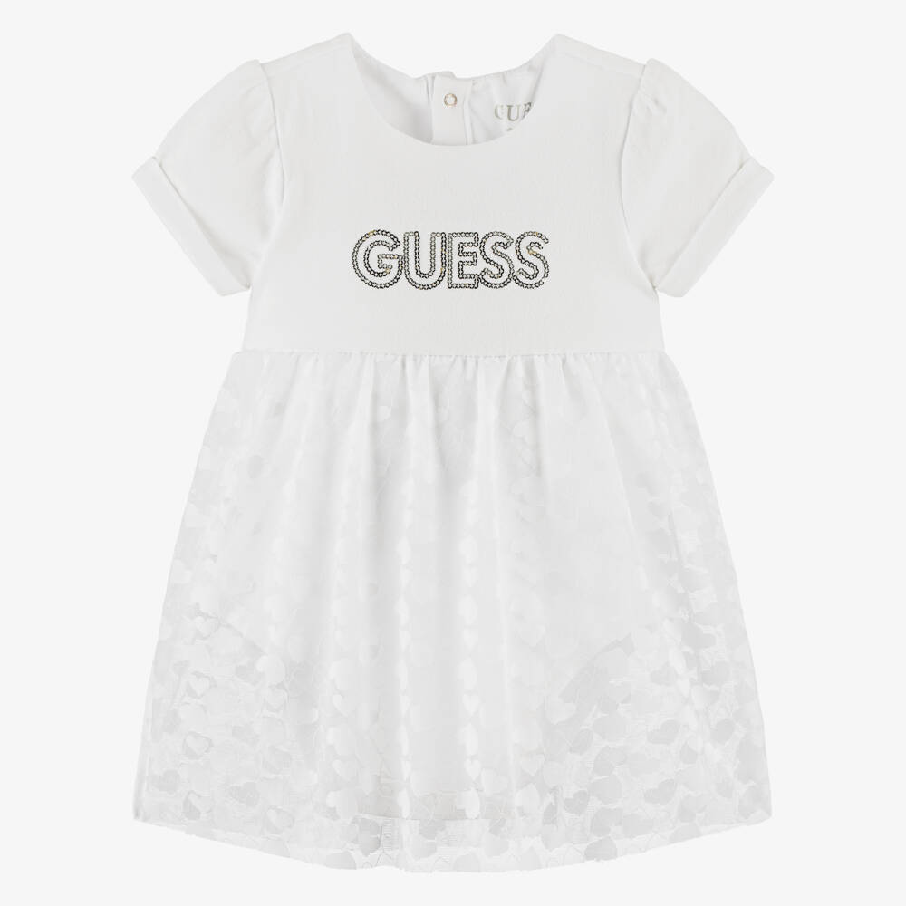 Guess-Baby Girls White Cotton & Tulle Sequinned Logo Dress | Childrensalon
