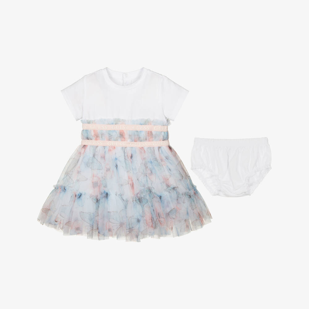 Guess-Baby Girls White Jersey & Blue Butterfly Tulle Dress | Childrensalon