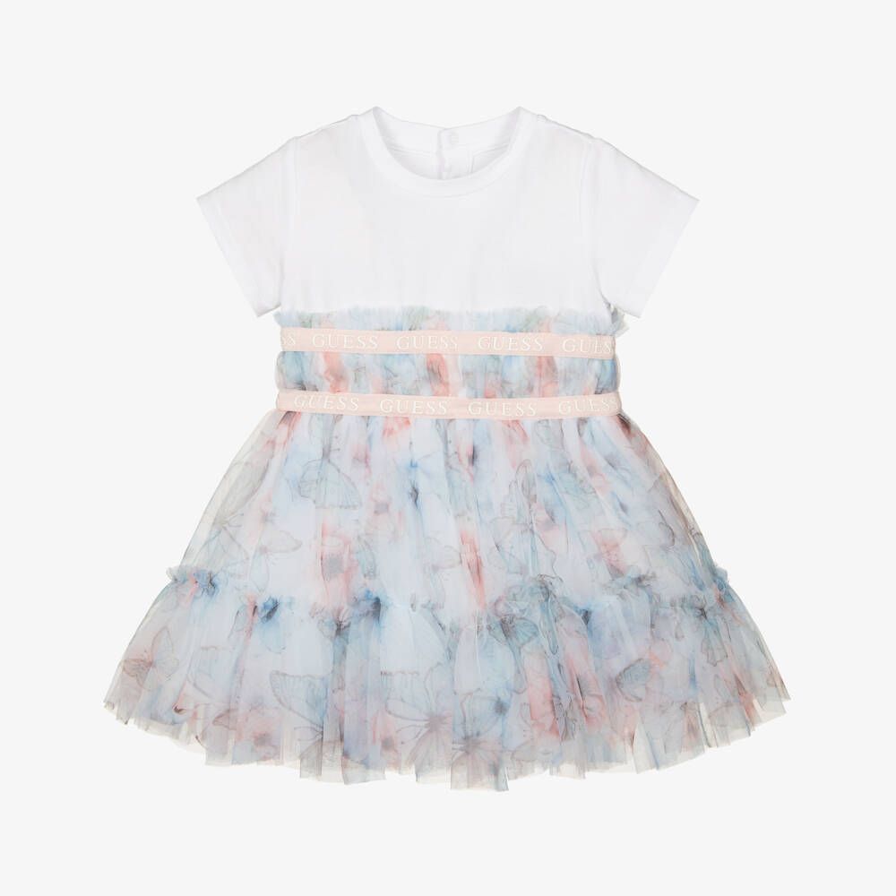Guess-Baby Girls White Jersey & Blue Butterfly Tulle Dress | Childrensalon