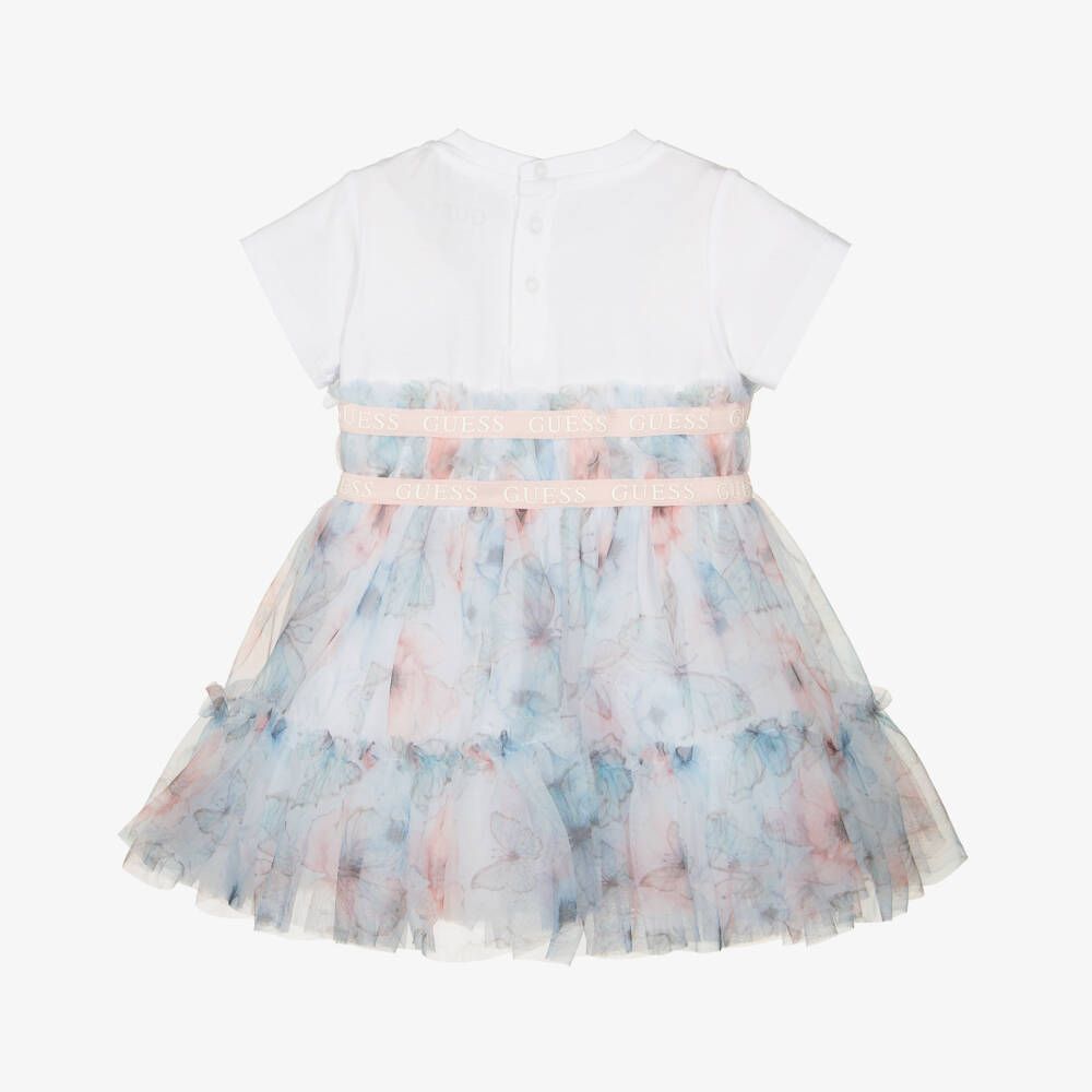 Guess-Baby Girls White Jersey & Blue Butterfly Tulle Dress | Childrensalon