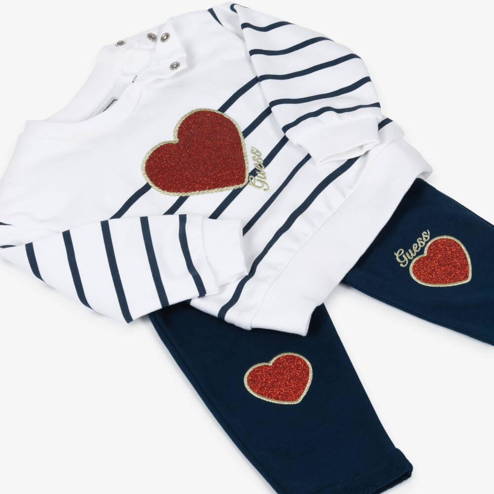 Guess-Baby Girls White & Navy Blue Cotton Trouser Set | Childrensalon