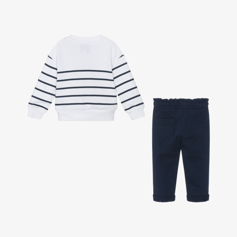 Guess-Baby Girls White & Navy Blue Cotton Trouser Set | Childrensalon