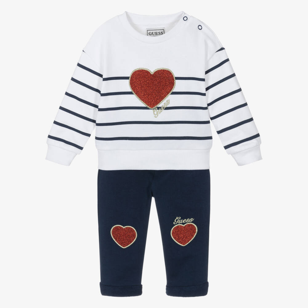 Guess-Baby Girls White & Navy Blue Cotton Trouser Set | Childrensalon