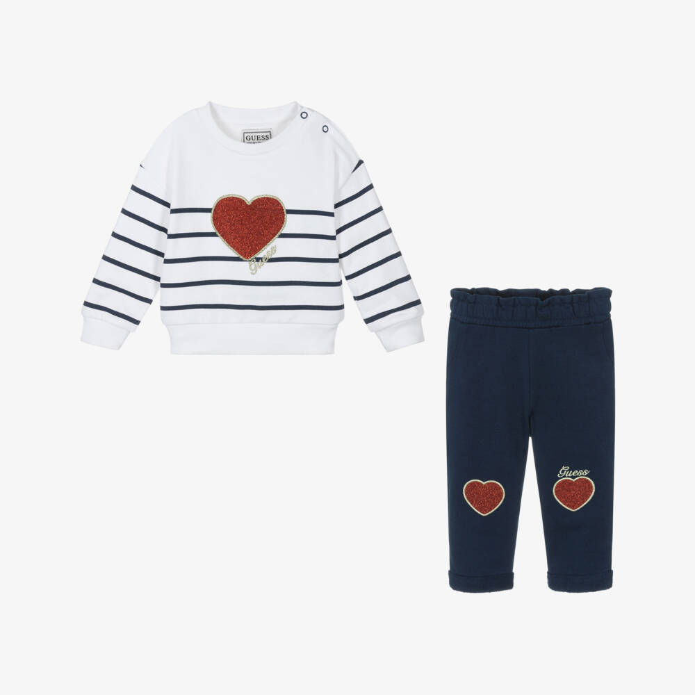 Guess-Baby Girls White & Navy Blue Cotton Trouser Set | Childrensalon