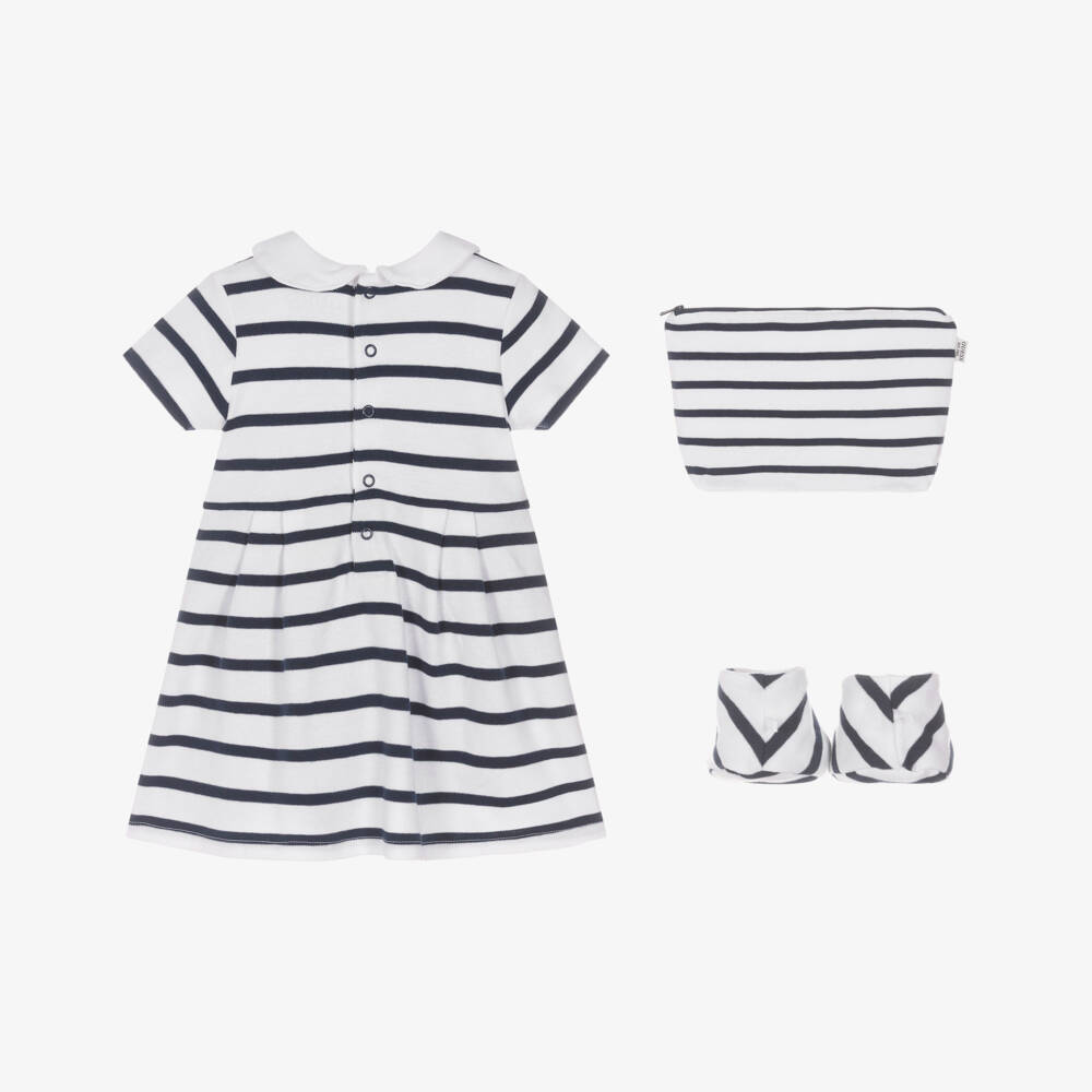 Guess-Baby Girls White & Navy Blue Striped Cotton Dress Set | Childrensalon