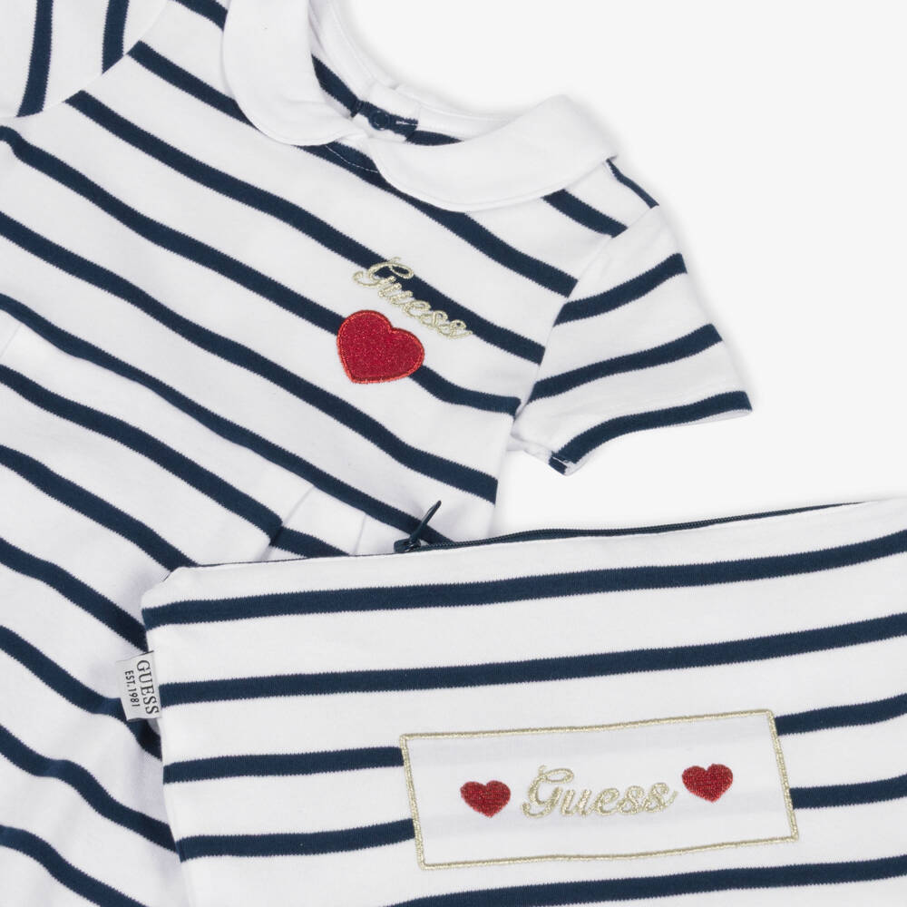 Guess-Baby Girls White & Navy Blue Striped Cotton Dress Set | Childrensalon