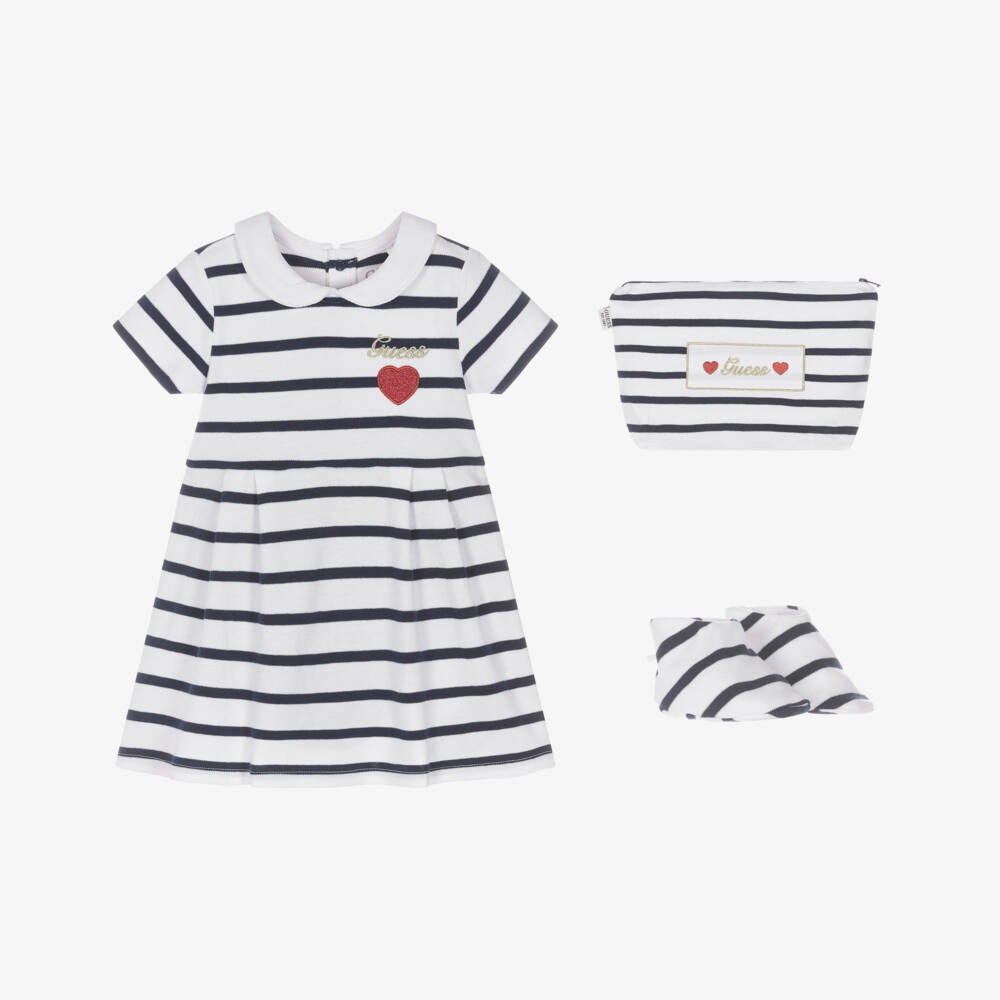 Guess-Baby Girls White & Navy Blue Striped Cotton Dress Set | Childrensalon