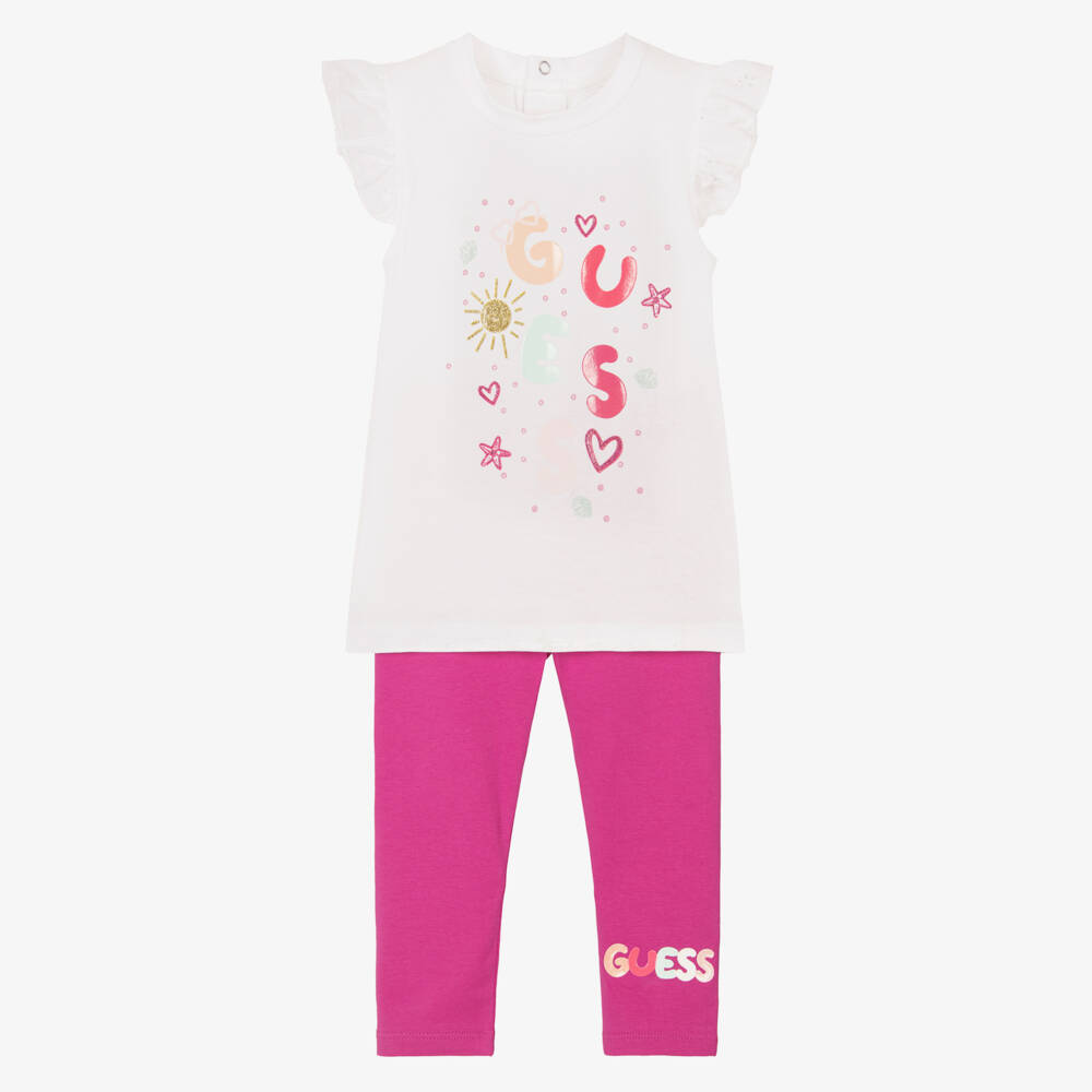 Guess-Baby Girls White & Pink Cotton Leggings Set | Childrensalon