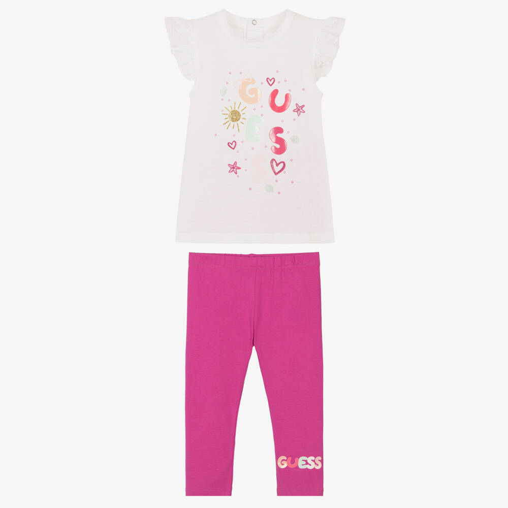 Guess-Baby Girls White & Pink Cotton Leggings Set | Childrensalon