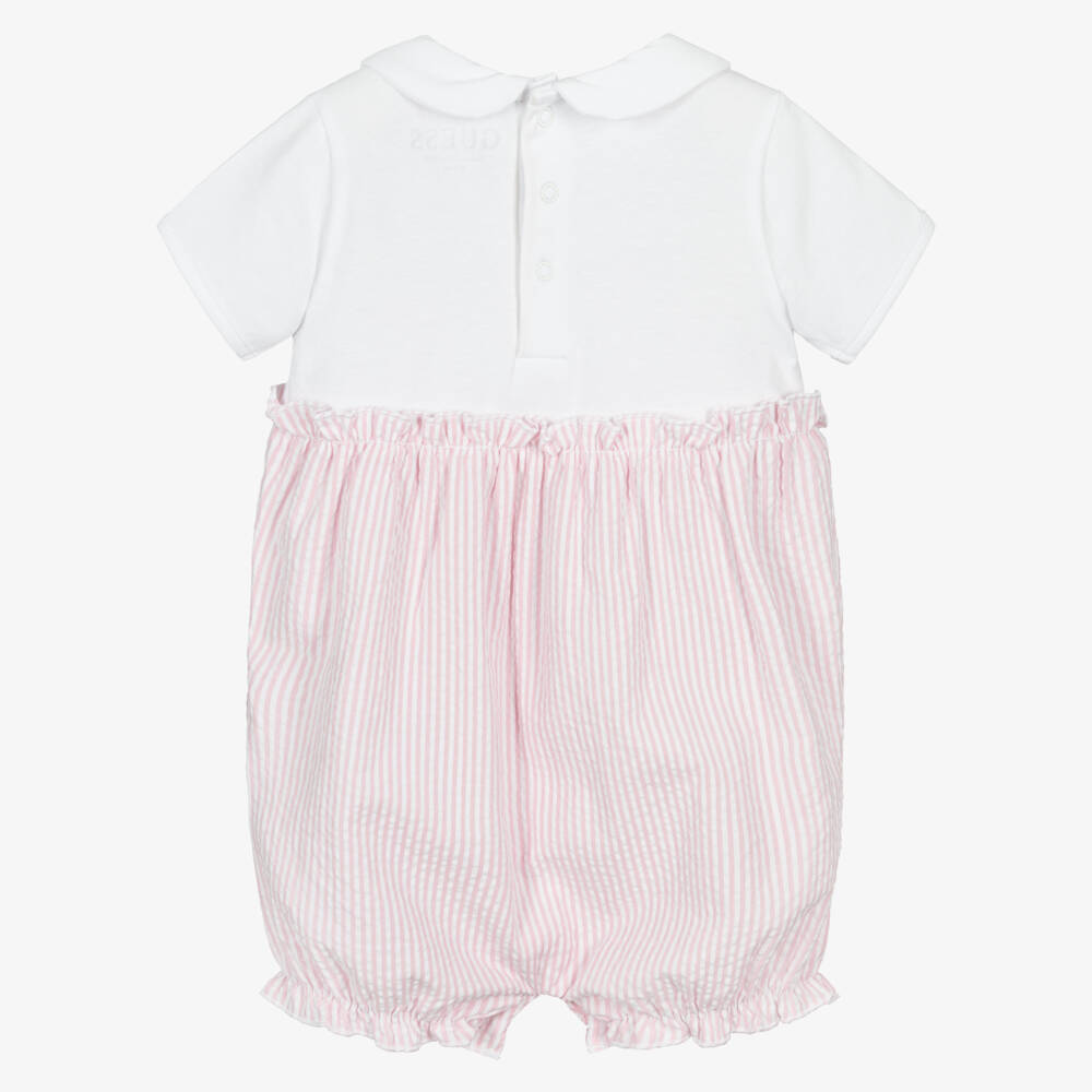 Guess-Baby Girls White & Pink Stripe Cotton Seersucker Shortie | Childrensalon