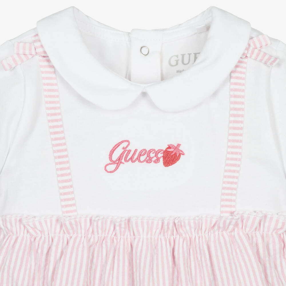 Guess-Baby Girls White & Pink Stripe Cotton Seersucker Shortie | Childrensalon
