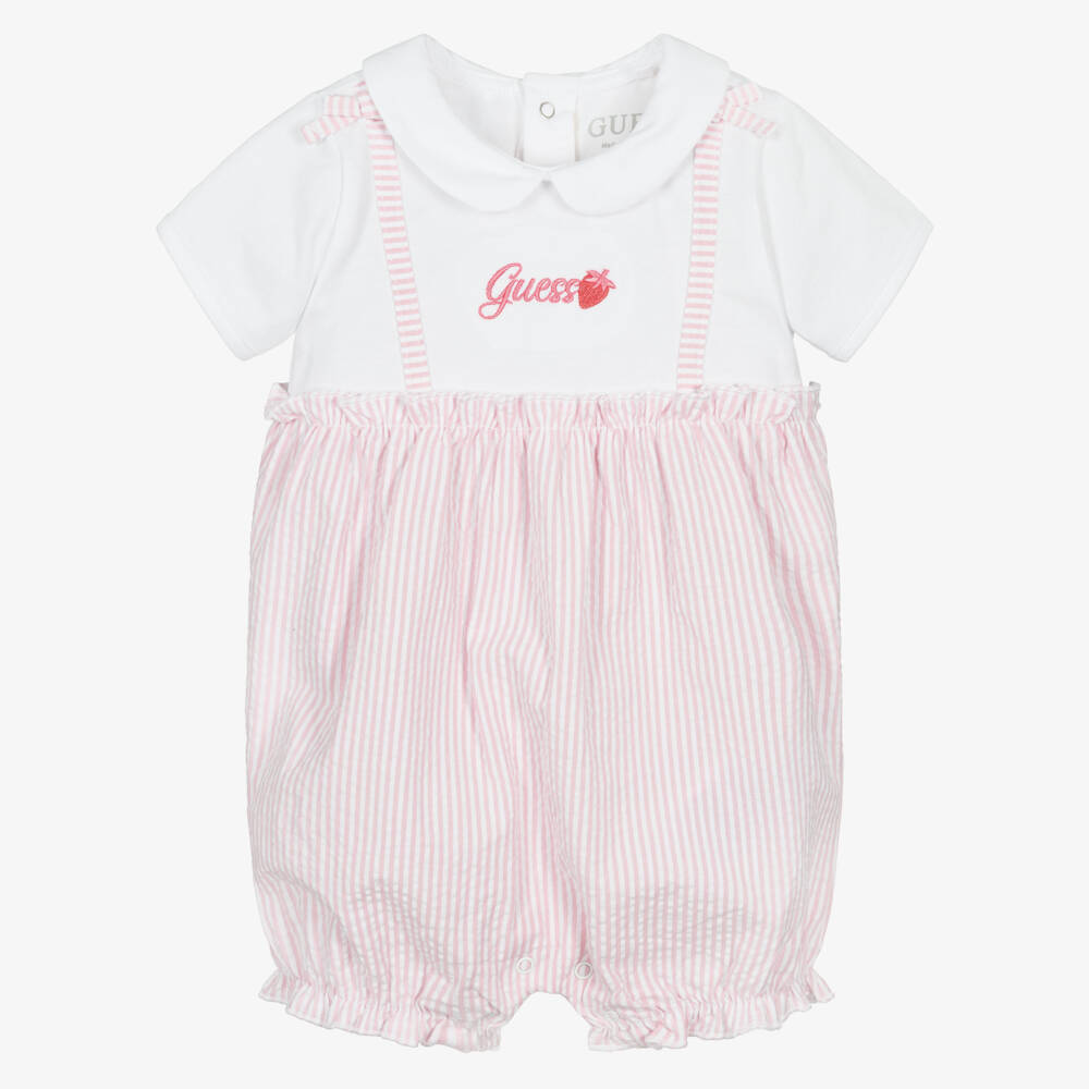 Guess-Baby Girls White & Pink Stripe Cotton Seersucker Shortie | Childrensalon
