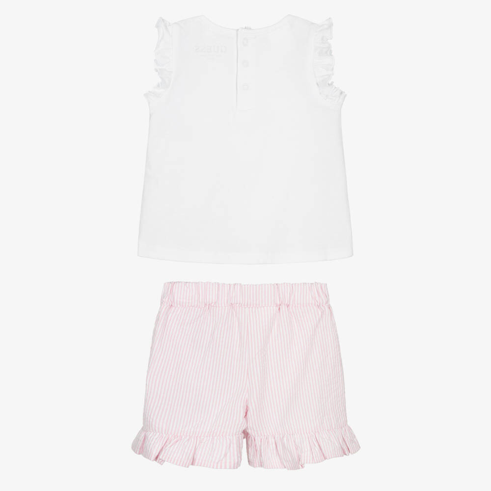 Guess-Baby Girls White Top & Pink Striped Cotton Shorts Set | Childrensalon