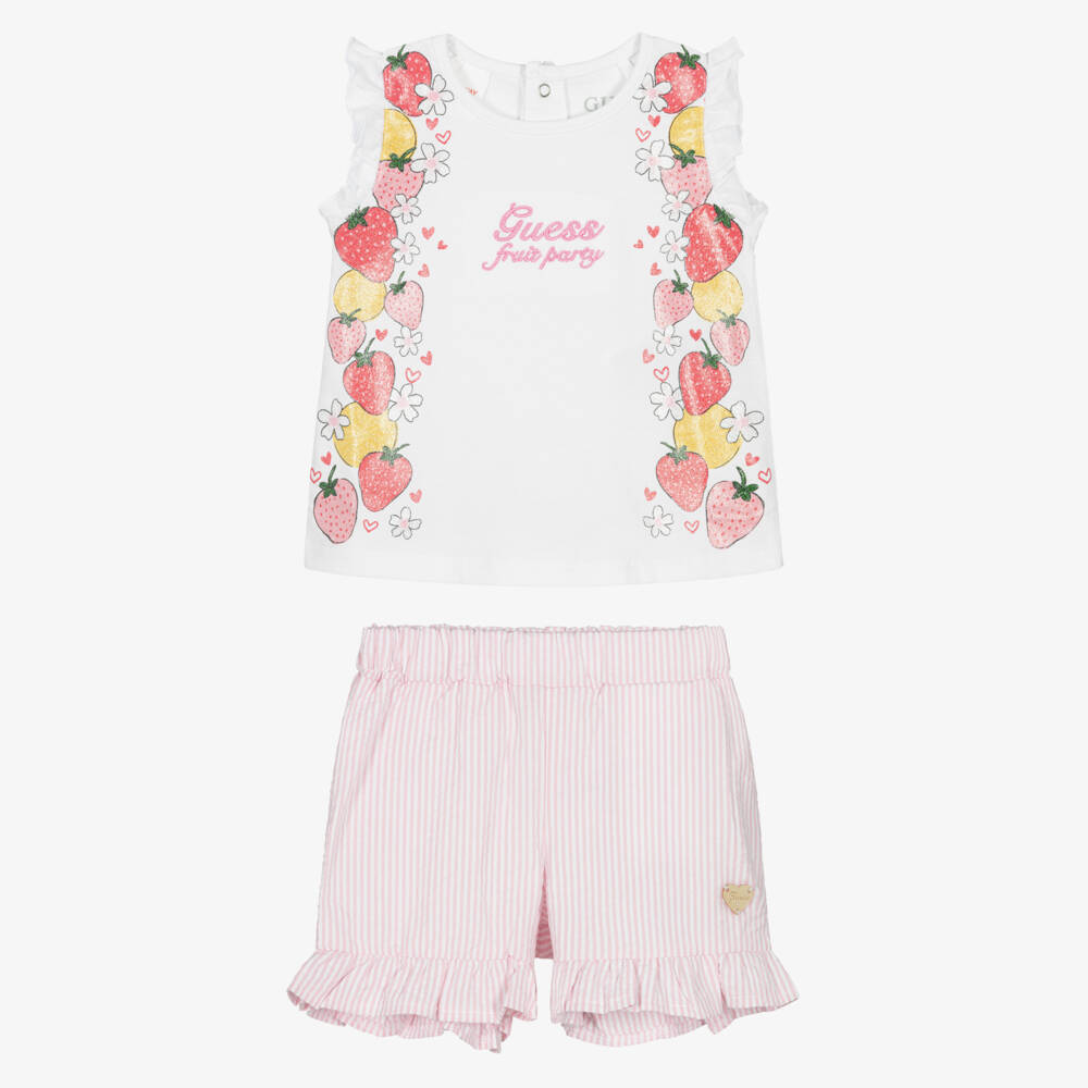 Guess-Baby Girls White Top & Pink Striped Cotton Shorts Set | Childrensalon
