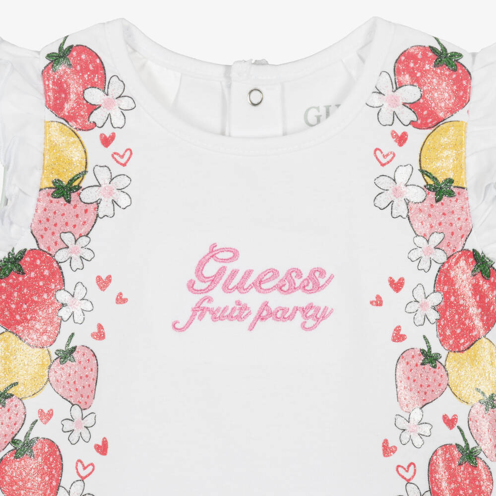 Guess-Baby Girls White Top & Pink Striped Cotton Shorts Set | Childrensalon