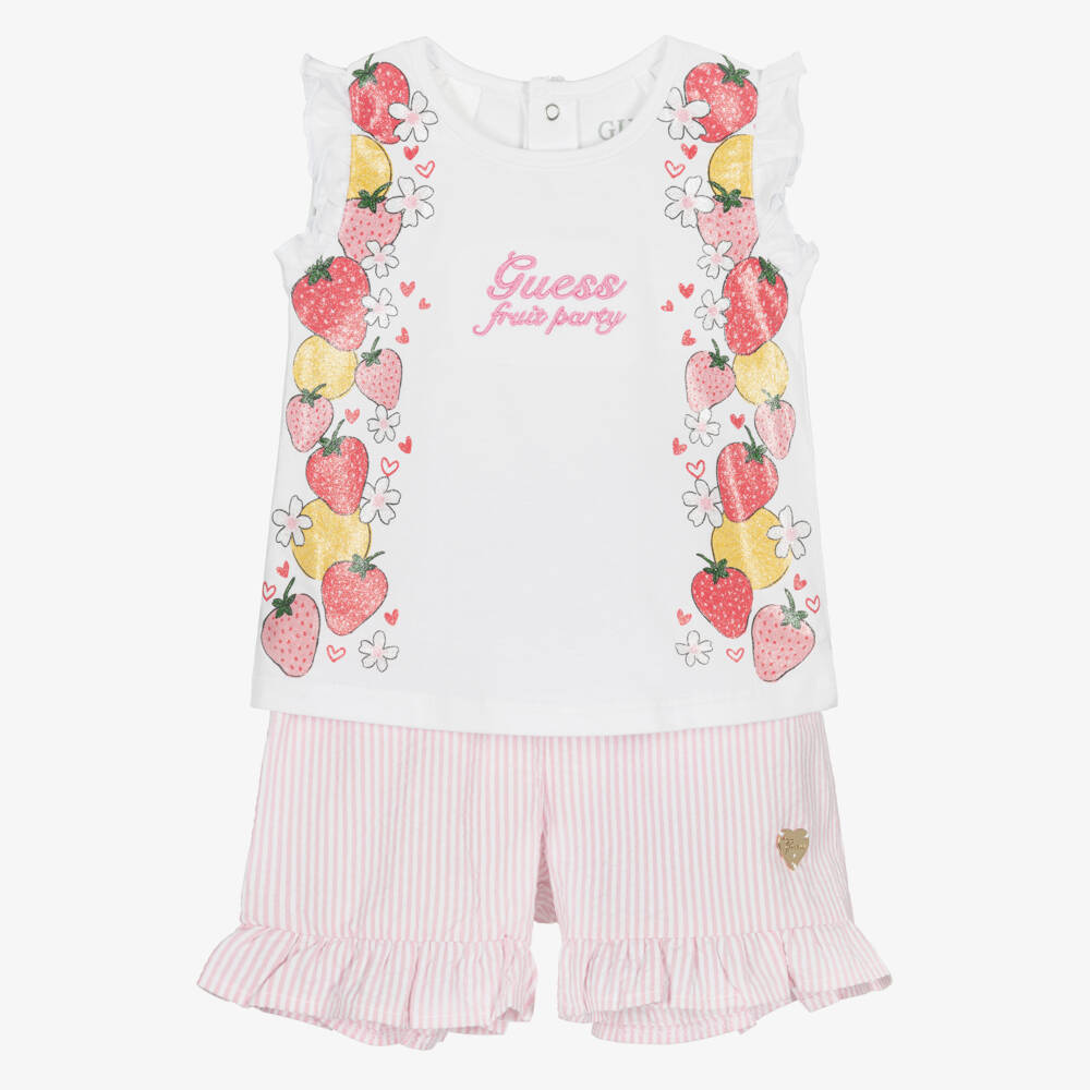 Guess-Baby Girls White Top & Pink Striped Cotton Shorts Set | Childrensalon