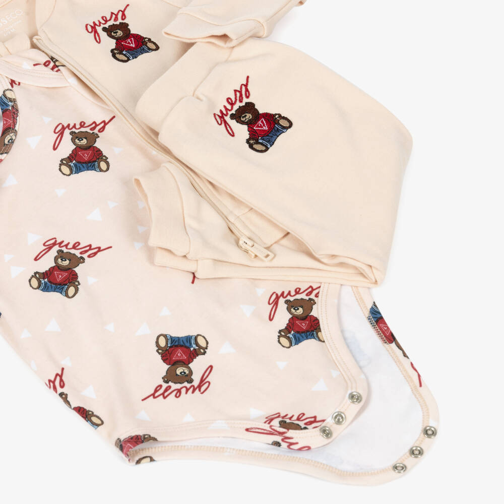 Guess-Beige Baby Tracksuit Set with Teddy Bear Motifs | Childrensalon