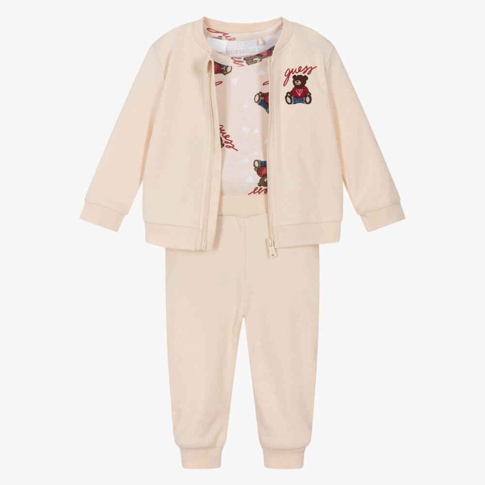 Guess-Beige Baby Tracksuit Set with Teddy Bear Motifs | Childrensalon