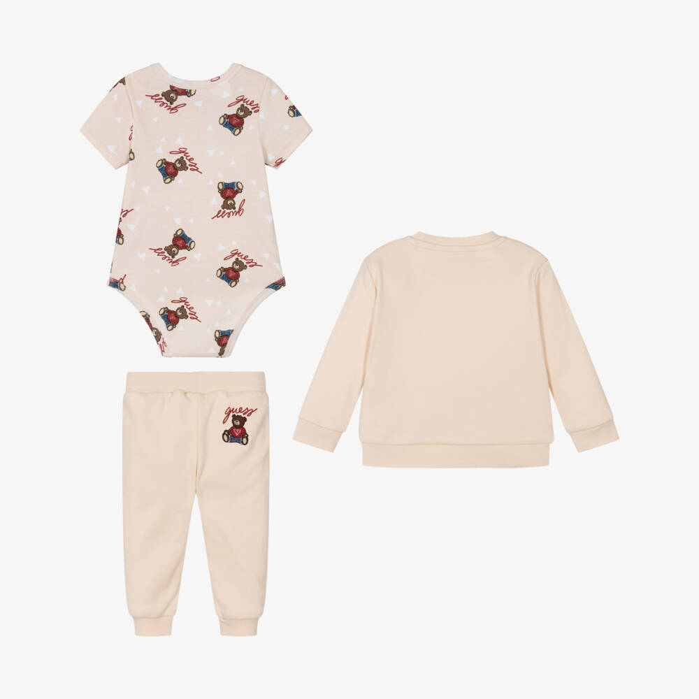 Guess-Beige Baby Tracksuit Set with Teddy Bear Motifs | Childrensalon