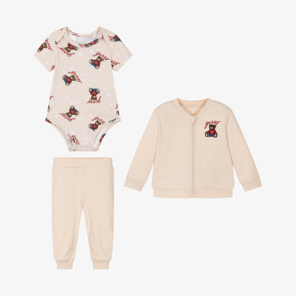 Guess-Beige Baby Tracksuit Set with Teddy Bear Motifs | Childrensalon