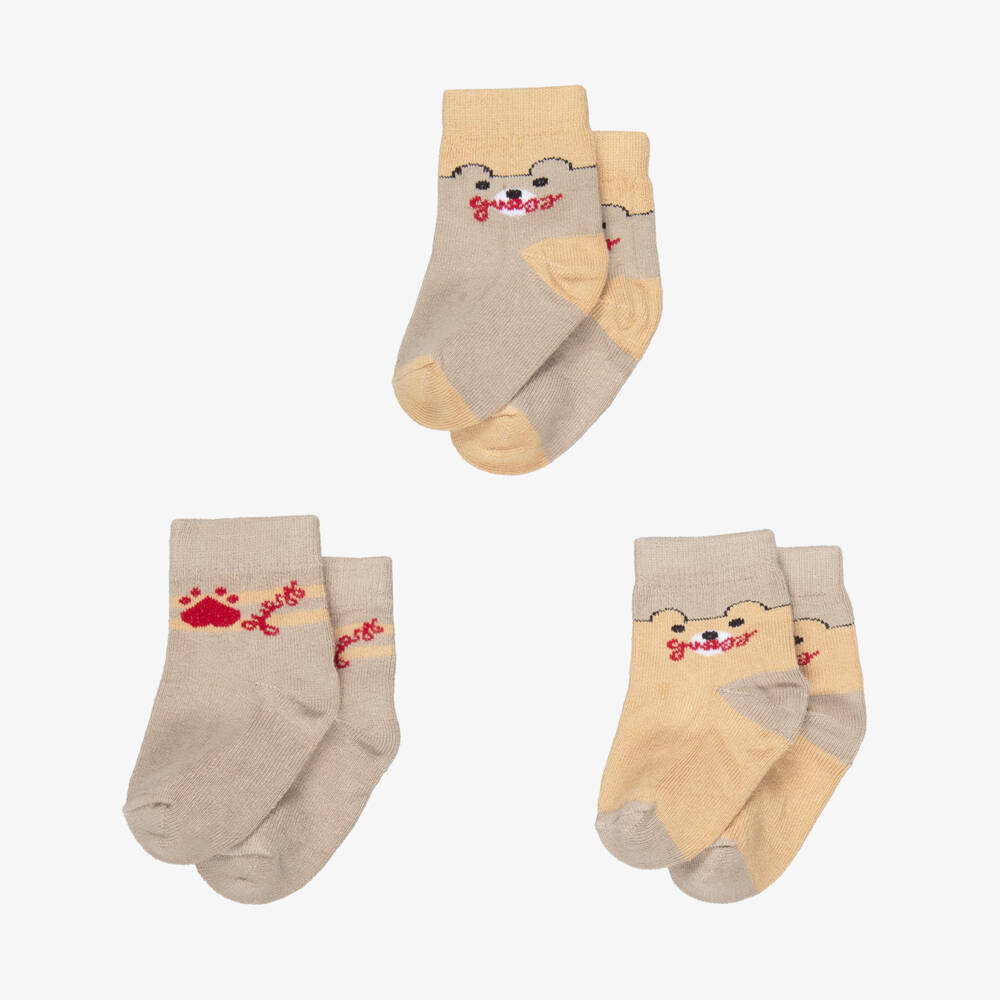 Guess-Beige Bear Cotton Baby Socks (3 Pack) | Childrensalon