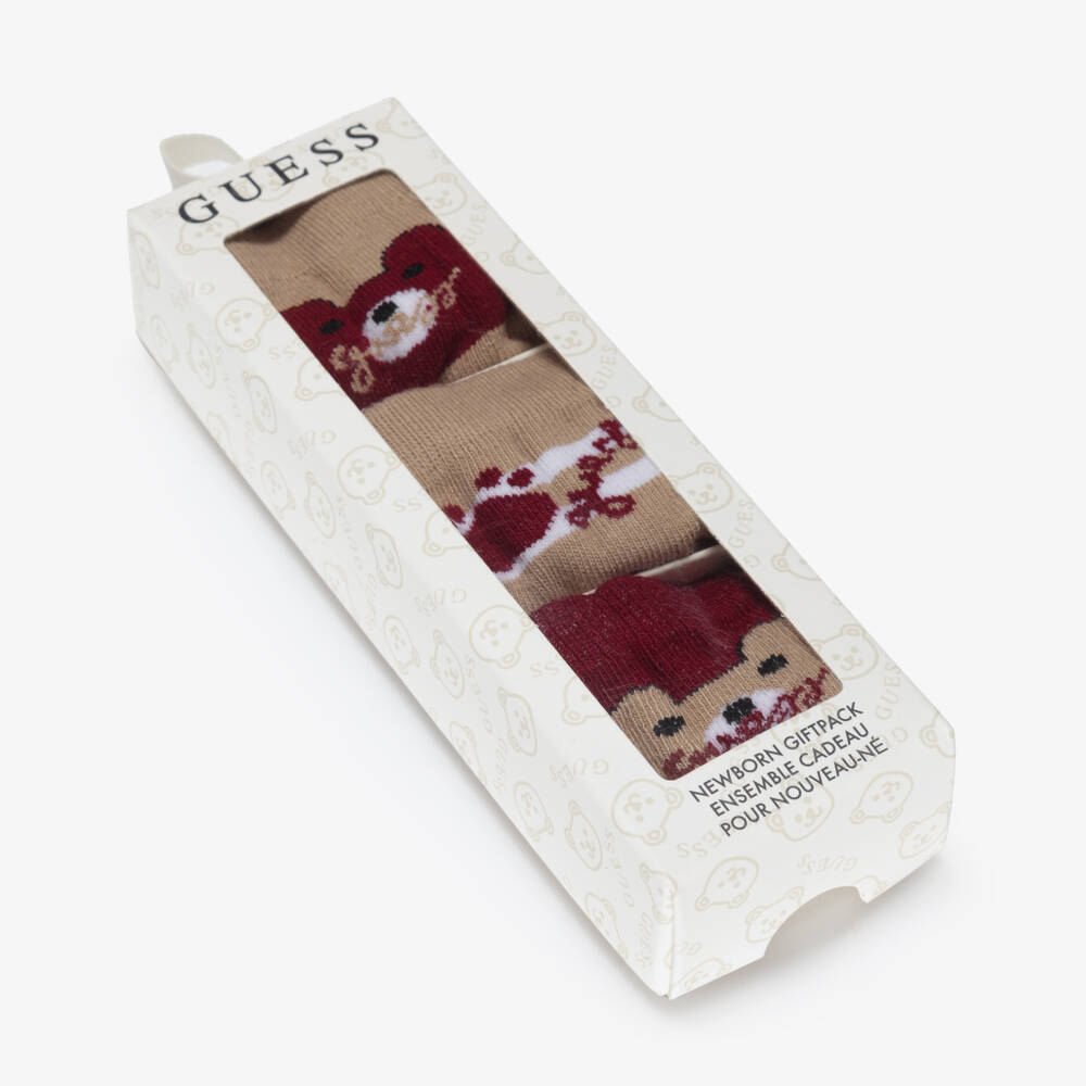 Guess-جوارب بطبعة دب قطن لون برغندي وبيج للرضع (عدد 3) | Childrensalon