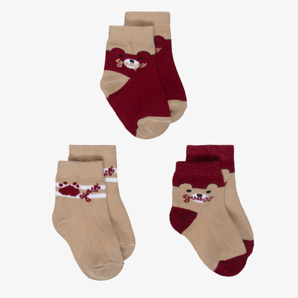 Guess-Beige & Burgundy Bear Cotton Socks (3 Pack) | Childrensalon