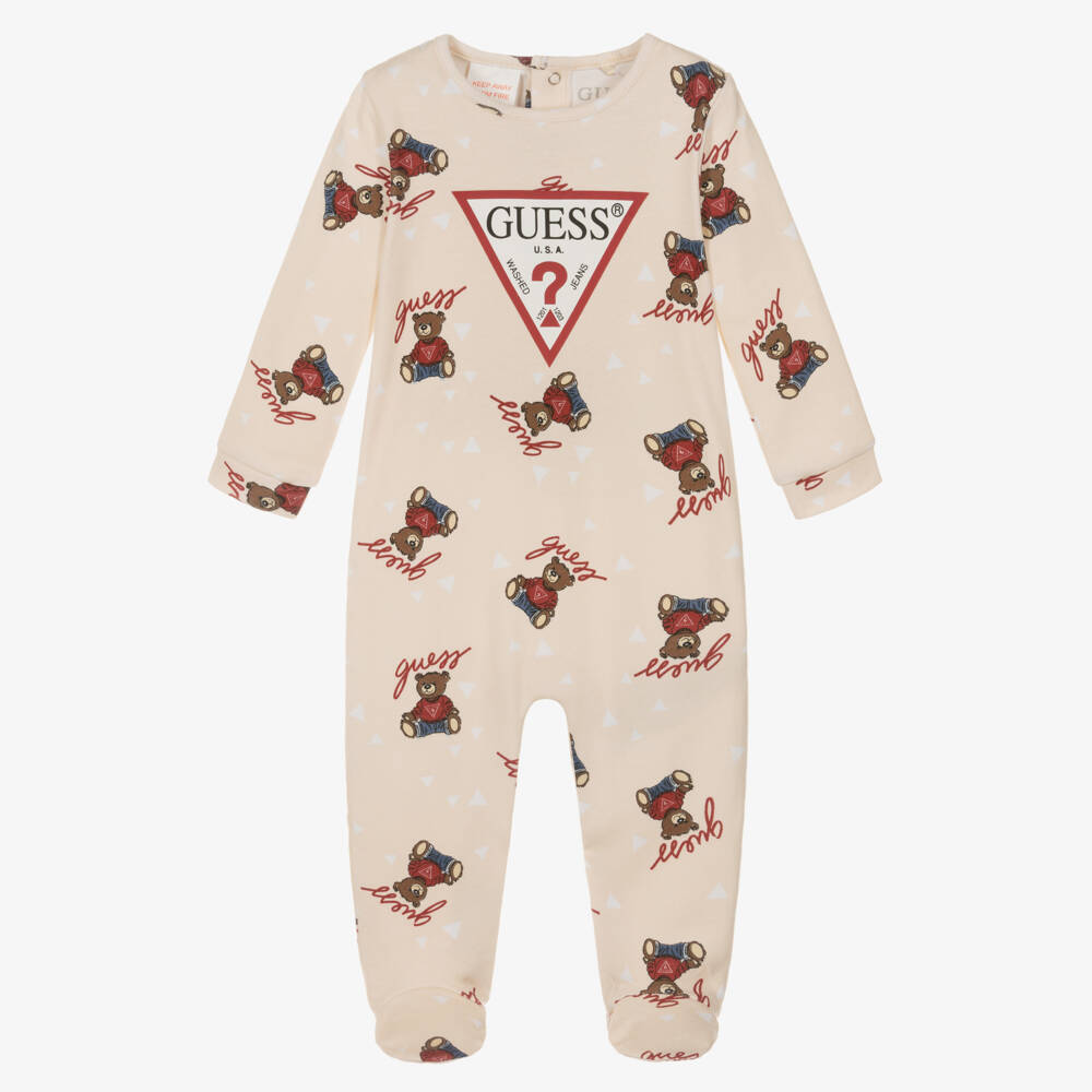 Guess-Beige Cotton Jersey Babygrow with Teddy Bear Pattern | Childrensalon